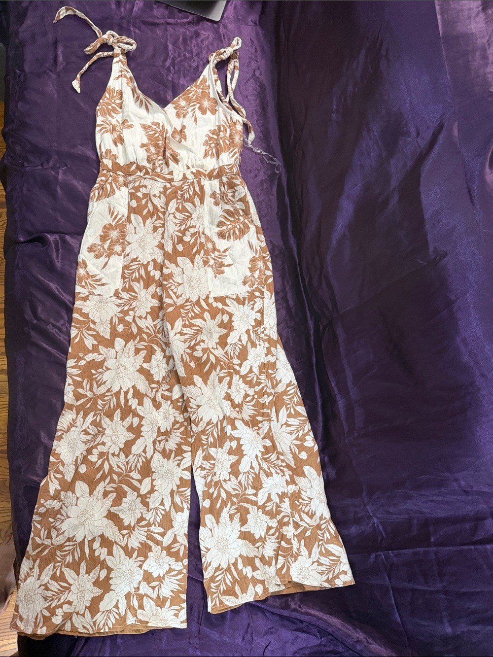 American Eagle Outfitters White & Tan Floral Tie-Shoulder Jumpsuit